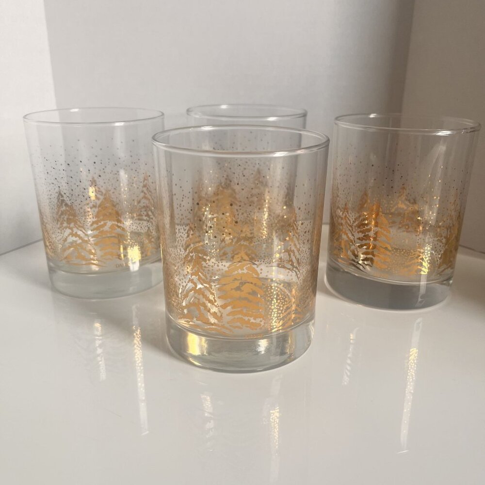 Dansk Vtg Golden Pines 12 0z Double Old Fashioned Glasses (4) Christmas Holiday